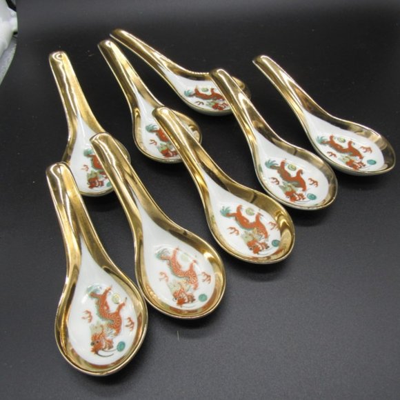 SET OF 8 VINTAGE ASIAN/CHINESE SOUP/WON TON SPOONS - Picture 1 of 6